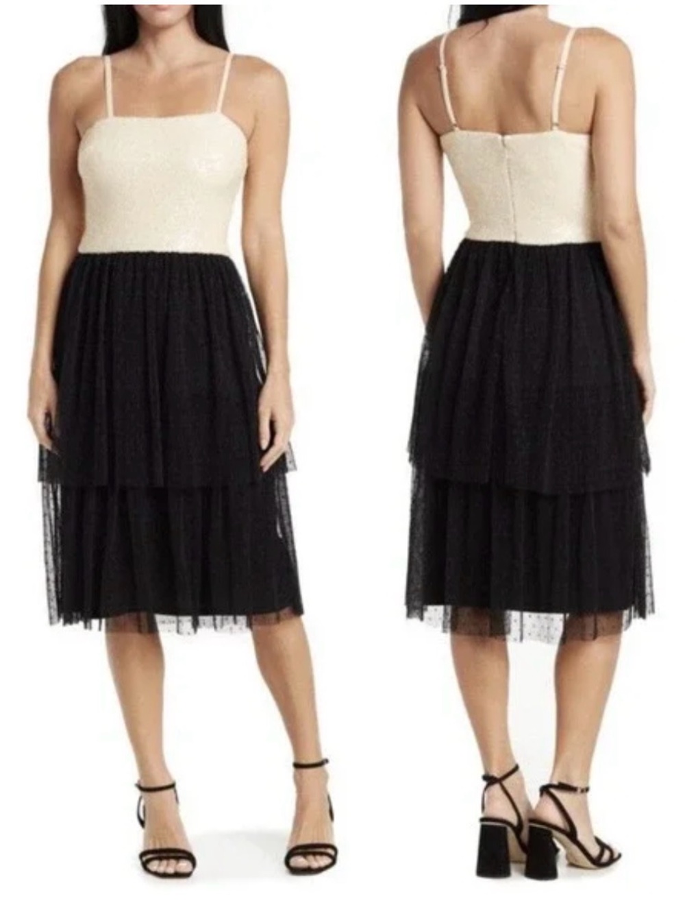 Dress the Population Two-Tone Tiered Tulle Midi Dress — Cream & Black